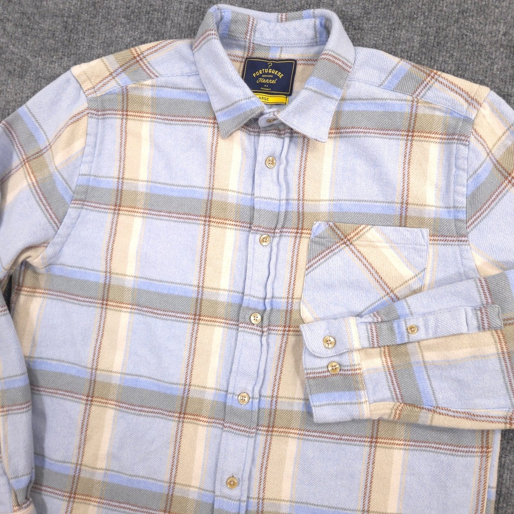 Portuguese Flannel Central Shirt Mens Large Light Blue Plaid Brushed Wool Blend